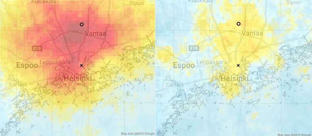 Sentinel-5P data map nitrogen dioxide in Finland